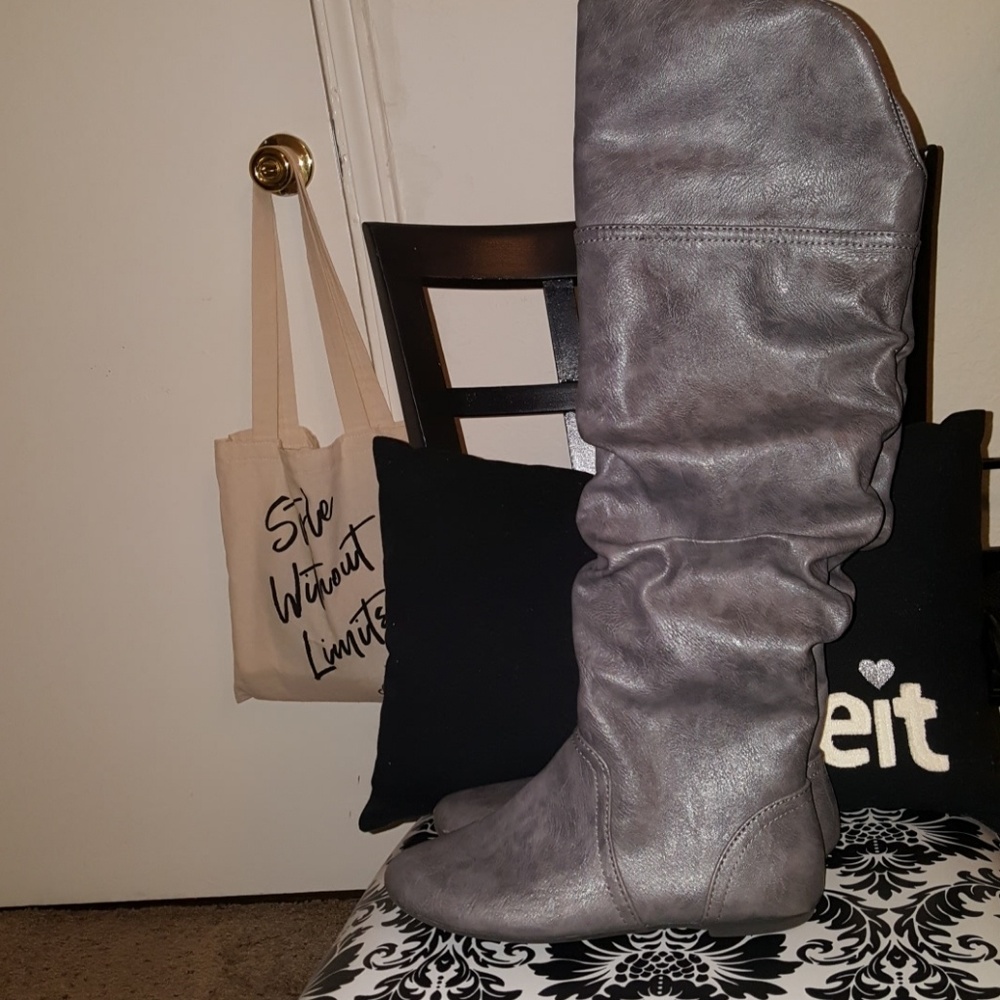 Grey Leather Knee High Boots